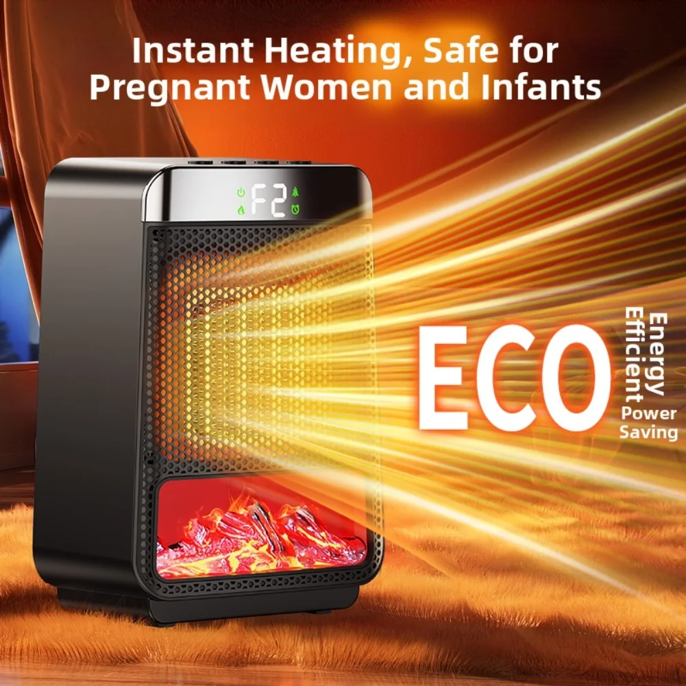 Portable Compact Fan Heater with PTC Technology Realistic Flame and 1248 Hour Timer for Bedroom and Living Room