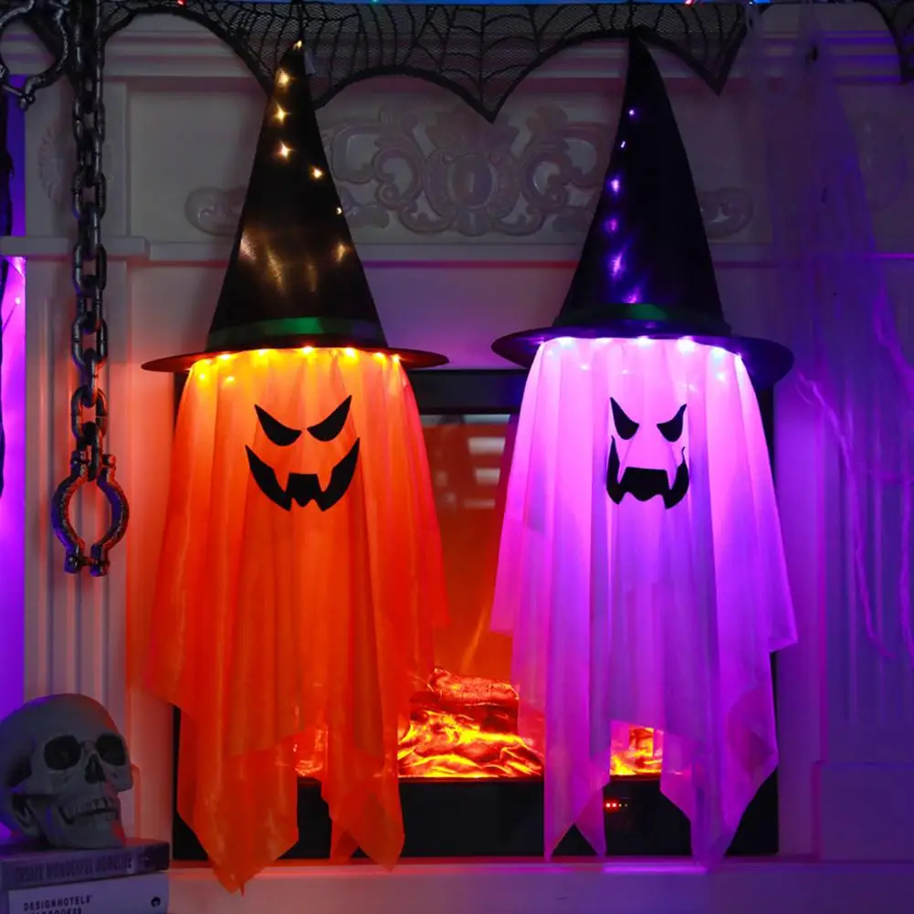 Halloween Witch Hat Luzes LED, Witch Hat Lamp, Bateria Operado Pendurado Glowing Wizard Ghost Hat, Decoração interior e exterior