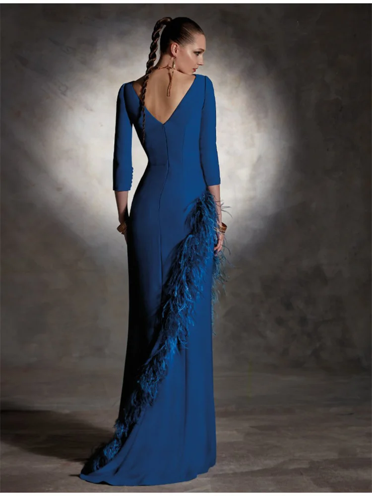 Mermaid/Trumpet Sexy Evening Prom Dress Three Quarter Sleeves Bateau Neckline Crepe Open V-Shaped Back Embellished With Feathers