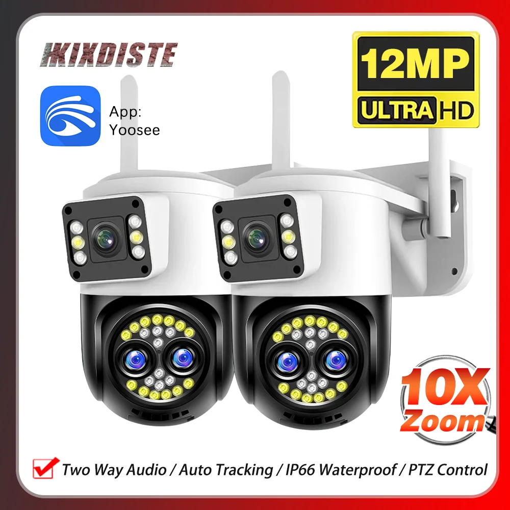 10X Zoom PTZ WiFi 12MP Three Lens Outdoor Security IP Camera Auto Tracking Smart Monitor Color Night Vision CCTV Camera YOOSEE