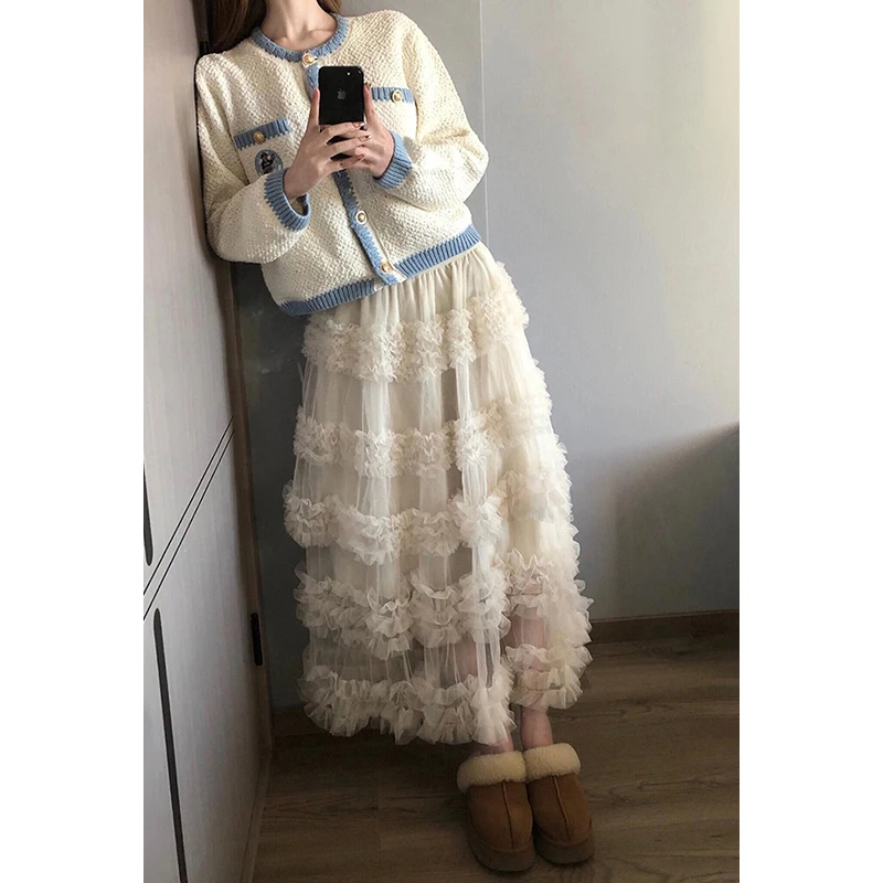 

PBAP Casual Plain Frilly Long Cake Skirt Women A-line Elastic Waist Layered Ruffle Frill Trim Puffy Tutu Tulle Korean Clothes