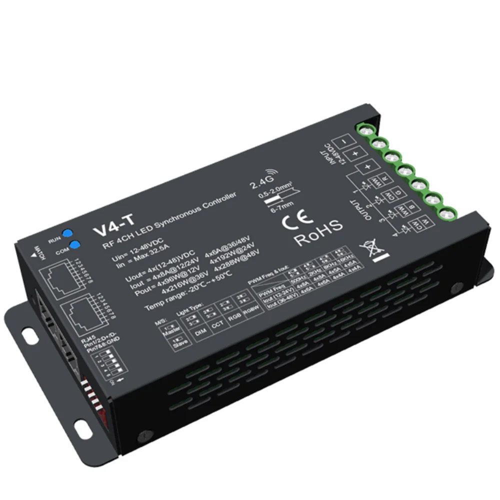 Controlador LED RGB V4-T DMX512 RJ45 4 canales 2,4G RF DC12-48V luz de Control remoto inalámbrico RGBW controlador de tira LED 16000Hz