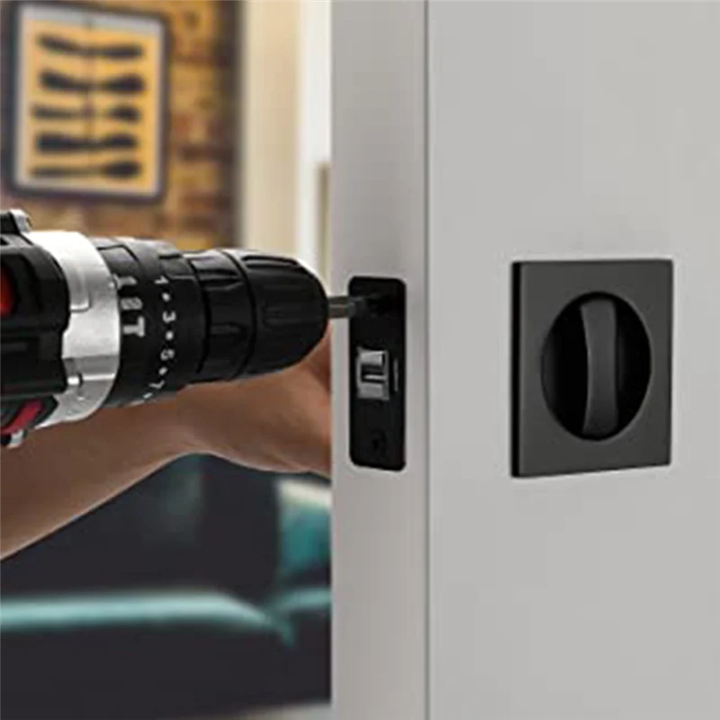 Embedded  Translation Wooden Door Lock Matte Black Contemporary Privacy Square Pocket Door Hardware