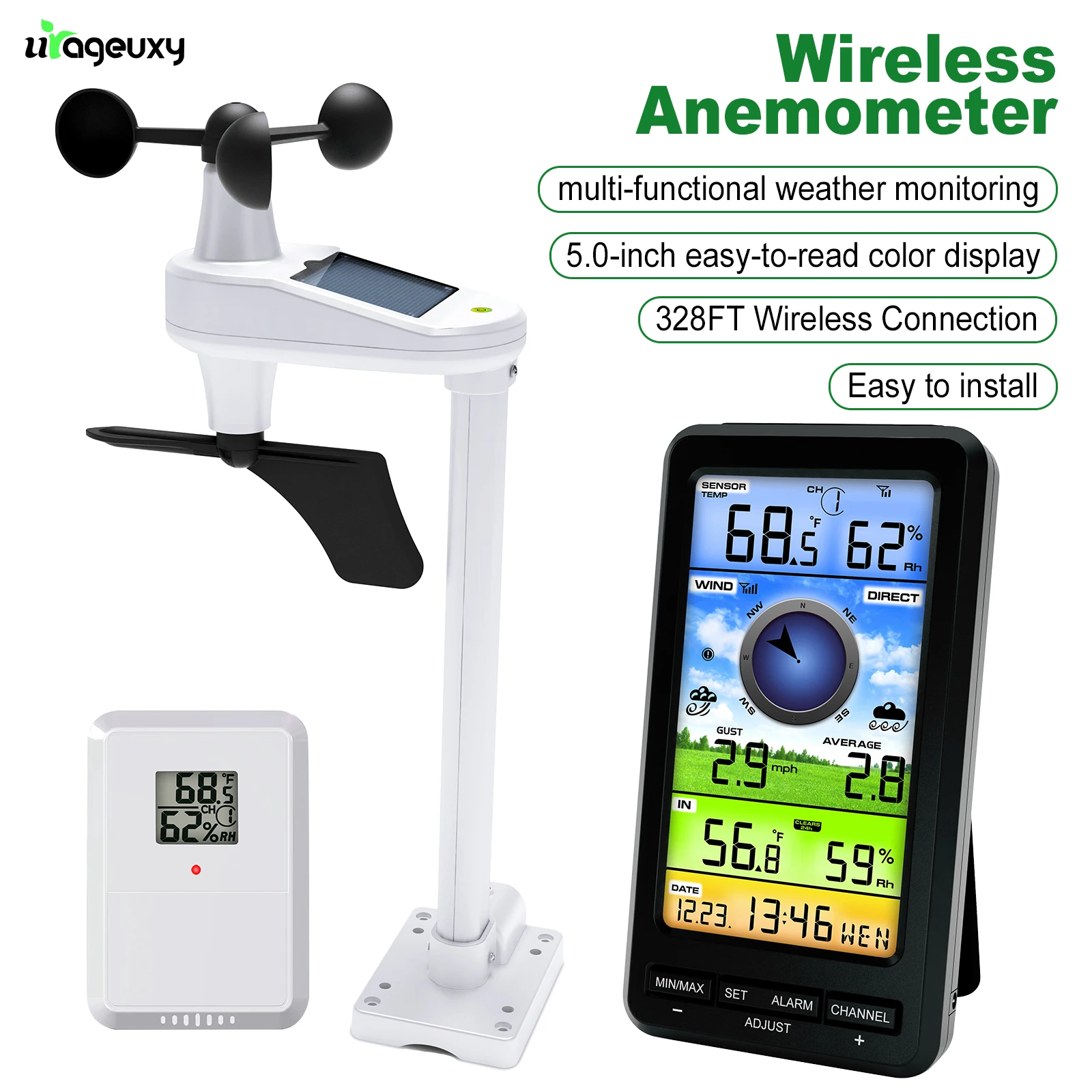 Wireless Anemometer Weather Station - Indoor/Outdoor Digital Thermometer & Hygrometer with Wind Direction Solar Sensor （NO WIFI)