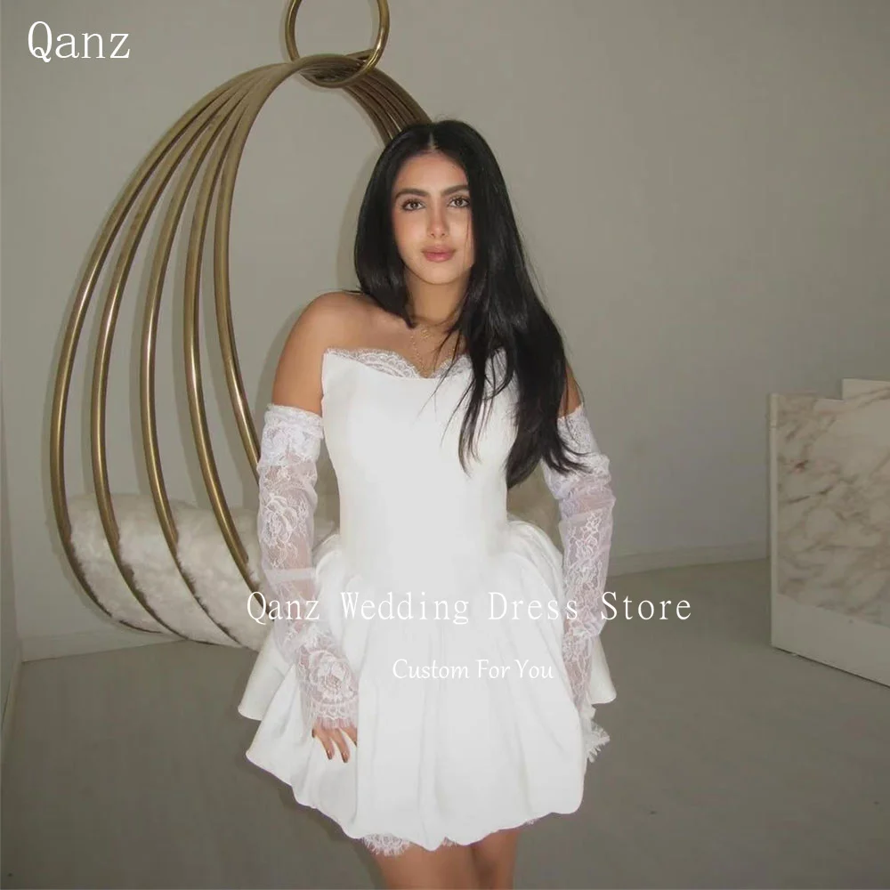 

Qanz Beach Satin Short Wedding Party Dresses Women Lace Appliaues Detachable sleeves Backless Mini Bridal Gowns Customized