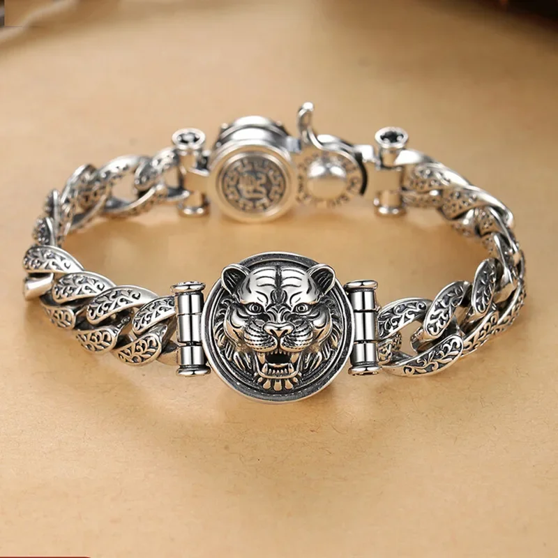 

Domineering Charm Tiger Head S925 Sterling Silver Bracelet Men's Trend Personality Retro Silver Chain Luxurious Jewelry Gift