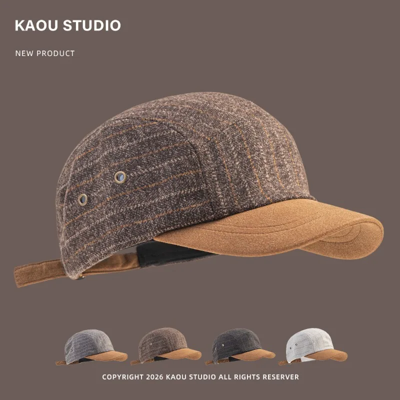 Autumn and Winter Spliced ​​woolen Short-brimmed Baseball Caps for Men and Women Outdoor Retro Striped British Warm Peaked Hat