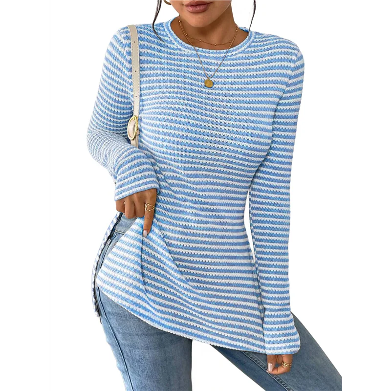 

T84C-Women's Striped Long Sleeve T Shirt Crew Neck Slit Hem Slim Fit Tee Tops