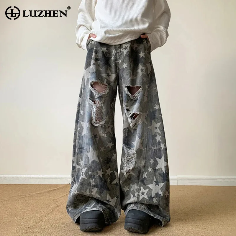 

LUZHEN Wornout винтажный стиль со звездами и принтом, широкие джинсовые брюки с рваными дырками, мужские джинсы 2025 года, новые свободные уличные джинсы JY3662
