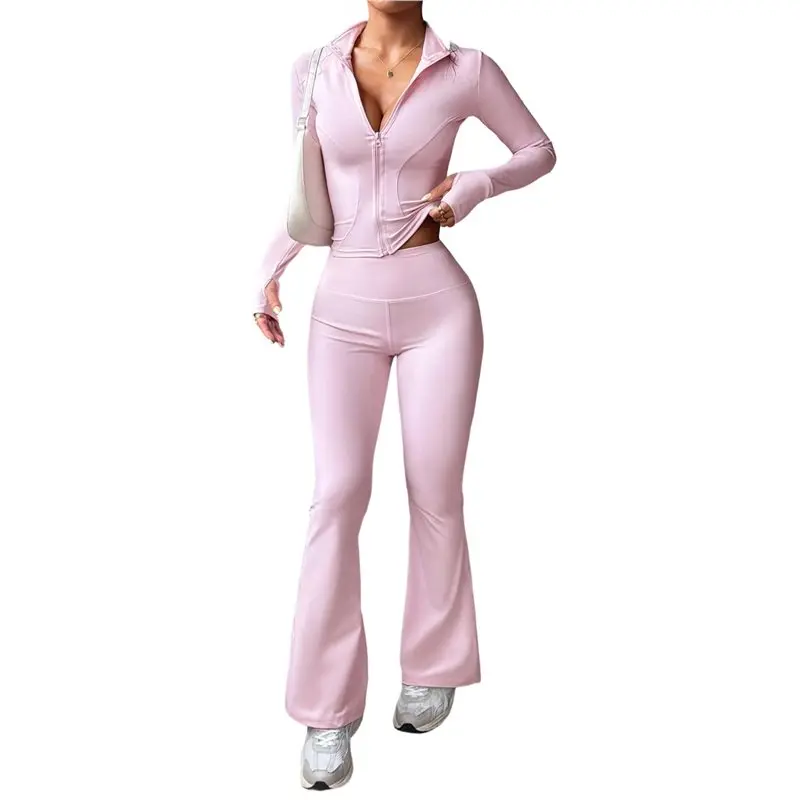 

ABRT-Women's Y2K Athletic Yoga Pants Long Sleeve Jacket Two Piece Set Streetwear Casual Outfit Pink S