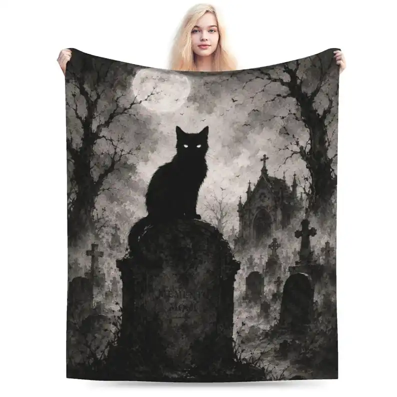 Gothic Black Cat Cemetery Blanket: Memento Mori Halloween Throw (300gsm Flannel)
