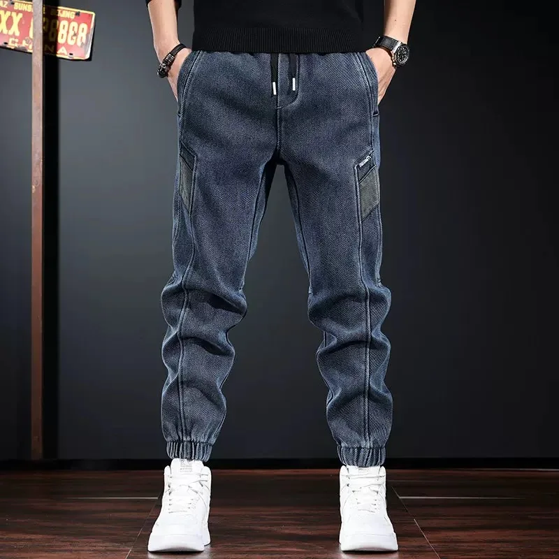 

Мужские джинсовые брюки свободного кроя с начесом и подкладкой, повседневные, в стиле Harlan, больших размеров, удобные, с низкой посадкой и шнурком на талии