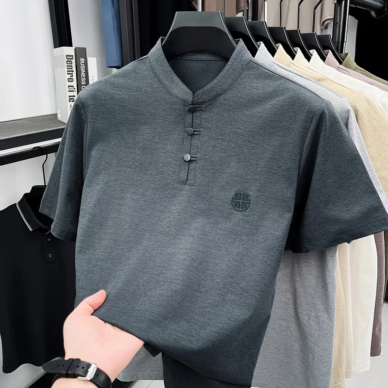Herren Sommer Kühlendes Henley Poloshirt Kurzarm Eisseide-Mischgewebe Bügelfrei Glatte Textur Perfekt für Heißes Wetter