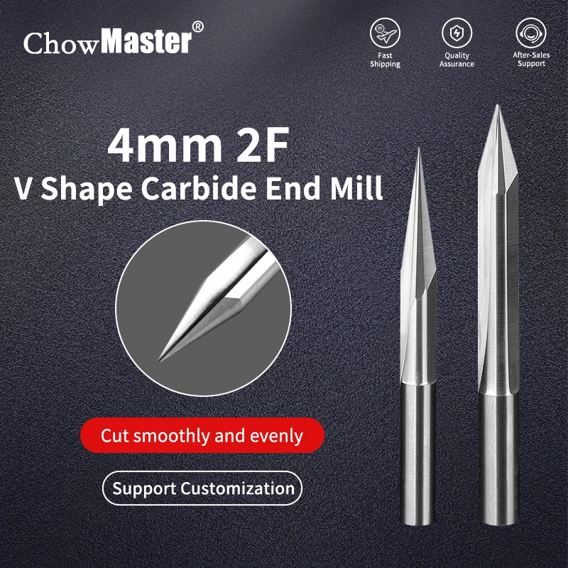 CHOWMASTER 4mm Shank V Shape 2 Flutes Straight Groove Carbide Router Bit for Woodworking 30/40/45/60/90 Degrees 0.1-0.5mm Tips