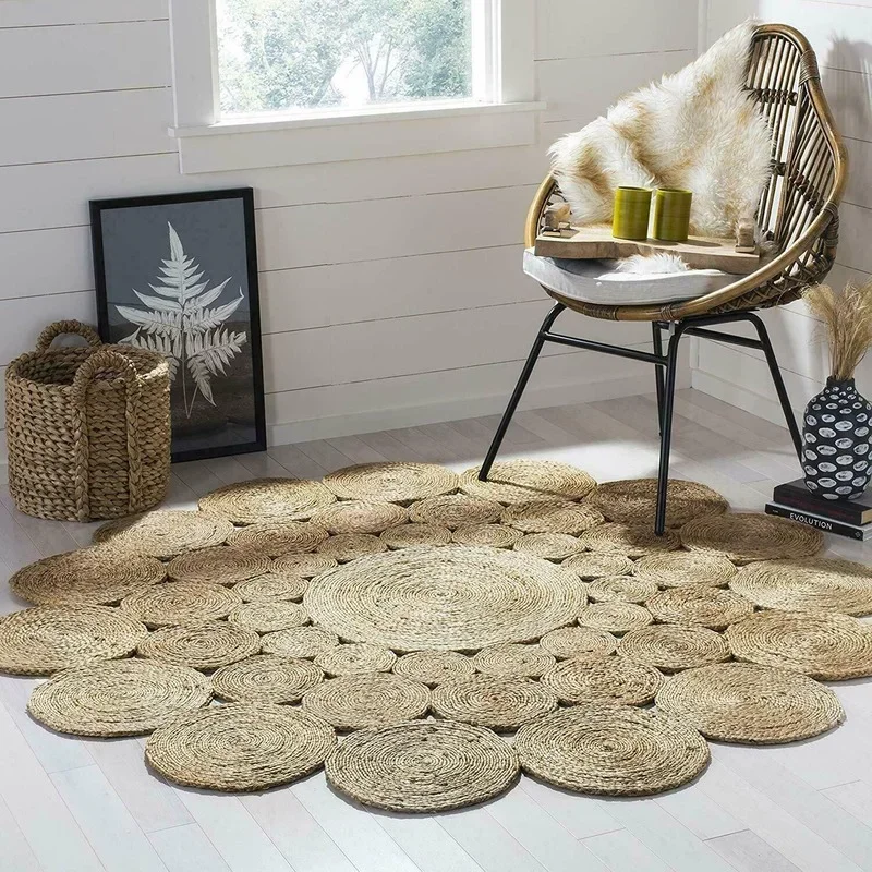 Jute Rug 100% Natural Jute Bohemian Double-sided Circular Area Rug and Carpets for Home Living Room