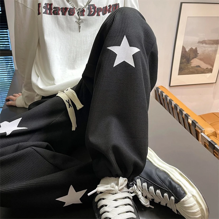 

Мужские повседневные брюки из плотной ткани для весны и осени, новые, с принтом в виде пятиконечной звезды, спортивные штаны, модные джоггеры с манжетами