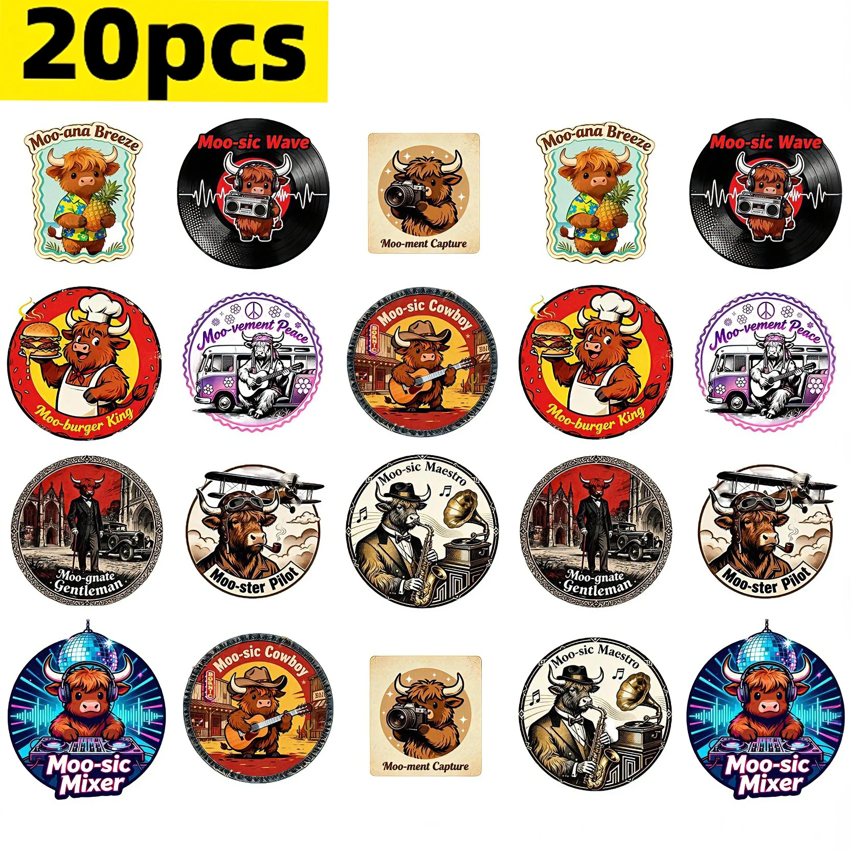 

20pcs Vinyl Iron-On Transfer Stickers DTF Heat Press Decals Highland Cow DTF Transfers Ready To Press Transfer Making Stickers