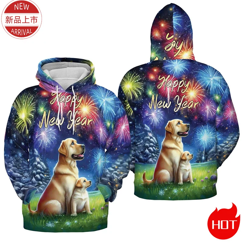 2025 Happy New Year 3D Printed Hoodies Firework Cute Pull Terrier Corgi Graphic Hooded Hoody Fashion Streetwear Mens Pullovers