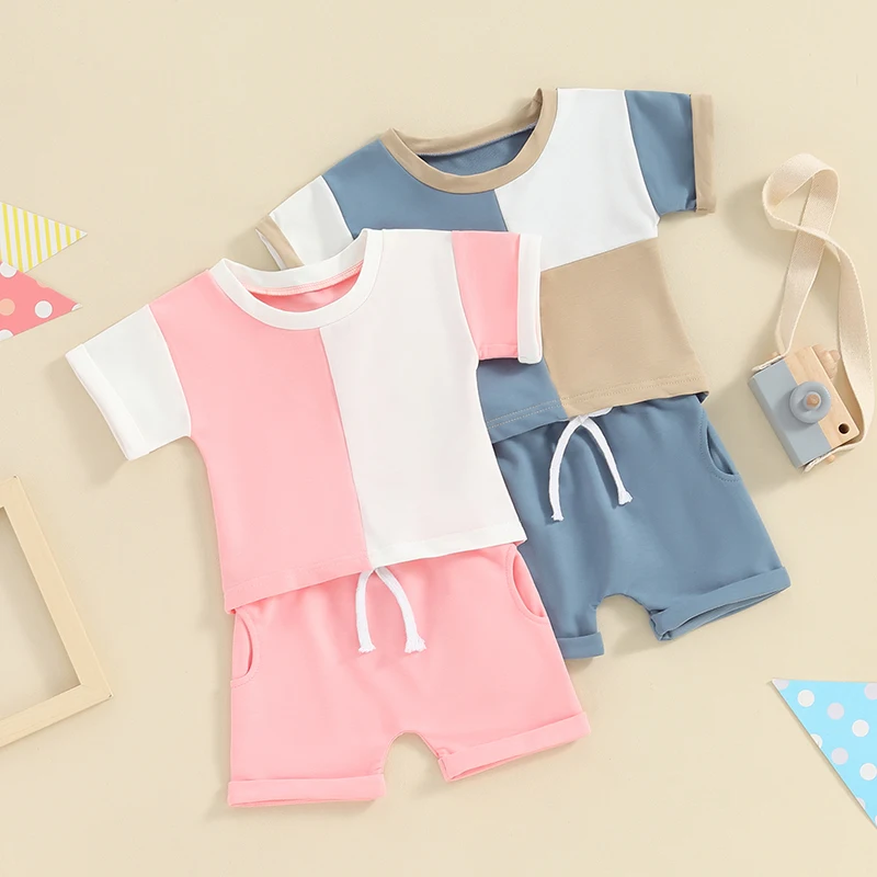 

SUNSIOM Toddler Boy Girl Summer Clothes Contrast Color Short Sleeve T-Shirt with Solid Color Shorts 2Pcs Casual Outfit