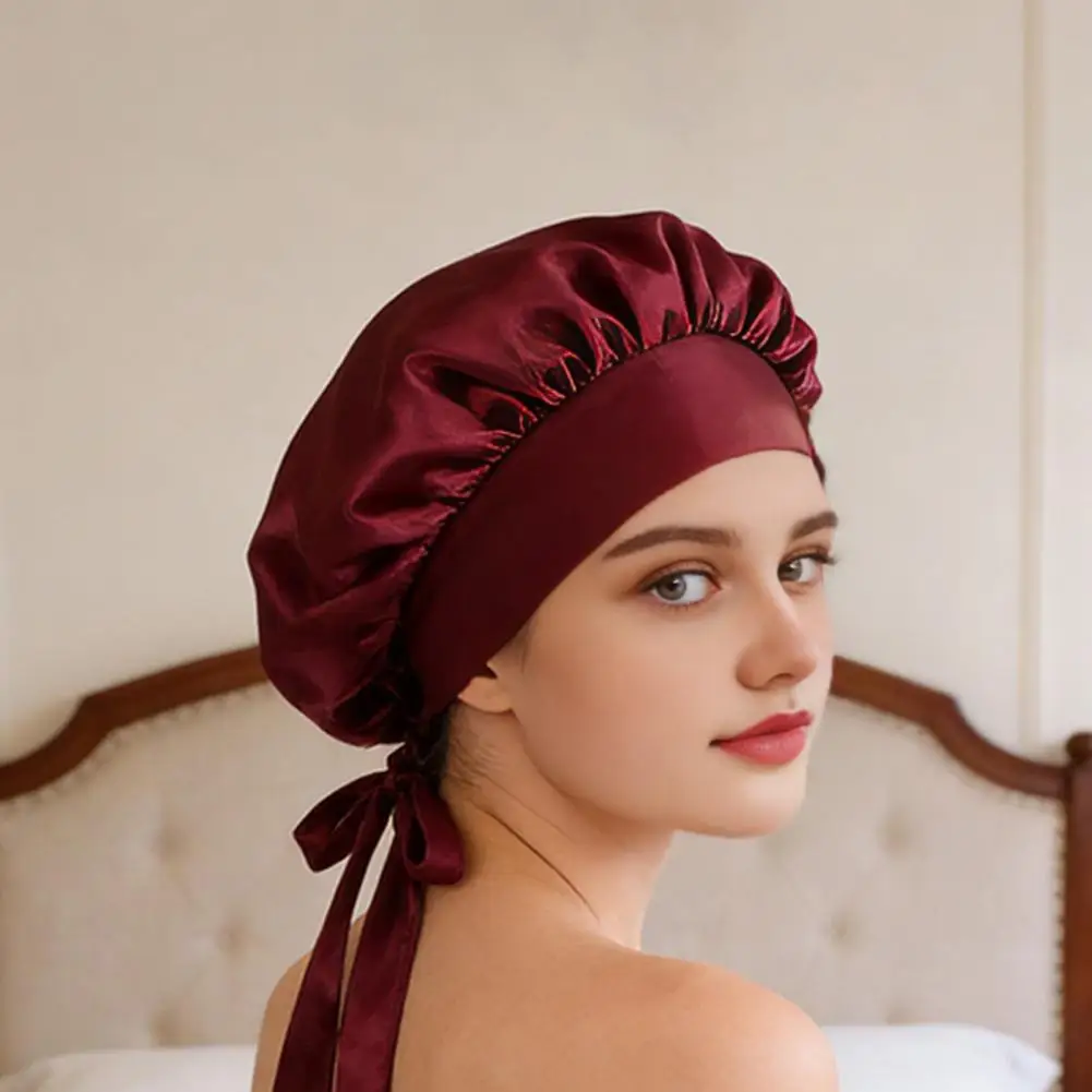Women Sleeping Hair Bonnet with Tie Band Night Sleep Cap Adjustable Silk Satin Bonnet Wrap for Braids Long Curly Hair