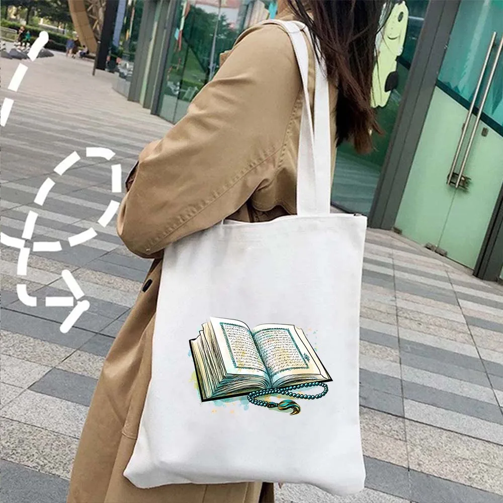 Arabic Quran Mosque Islamic Quotes Muslim Mashallah Subhanallah Women\'s Shoulder Shopper Cotton Canvas Tote Bag Shopping Handbag