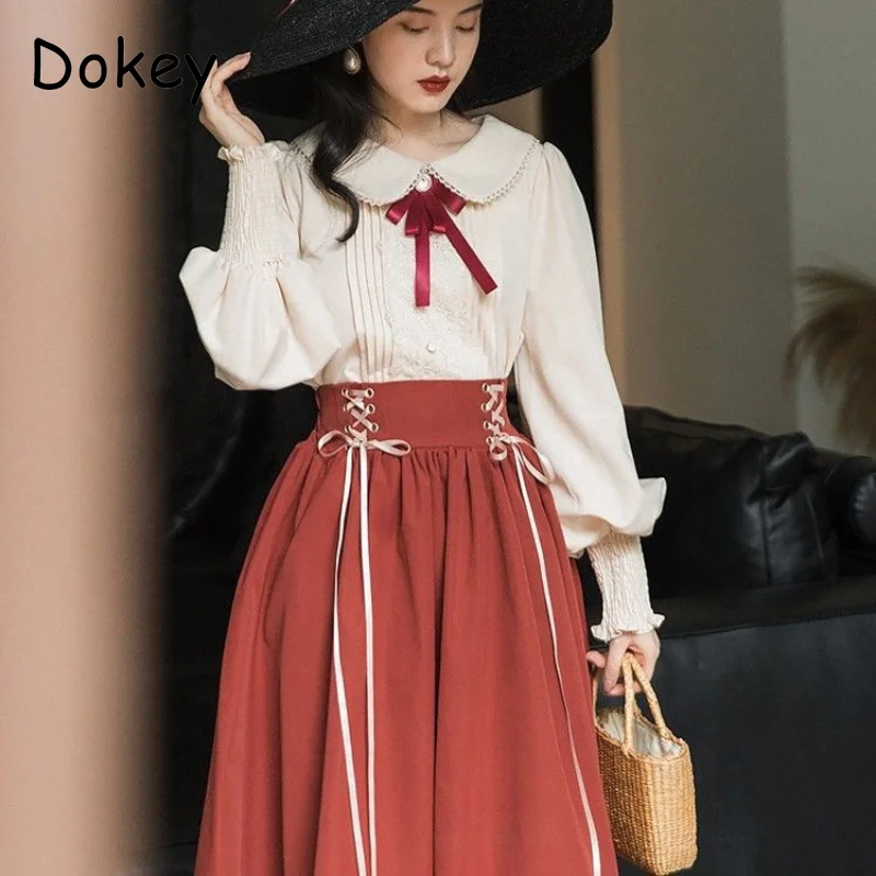 Vintage 2-teiliges Kleid-Set für Damen, japanischer süßer Peter-Pan-Kragen, Adrette-Hemd + eleganter, plissierter langer Rock mit hoher Taille und Schnürung