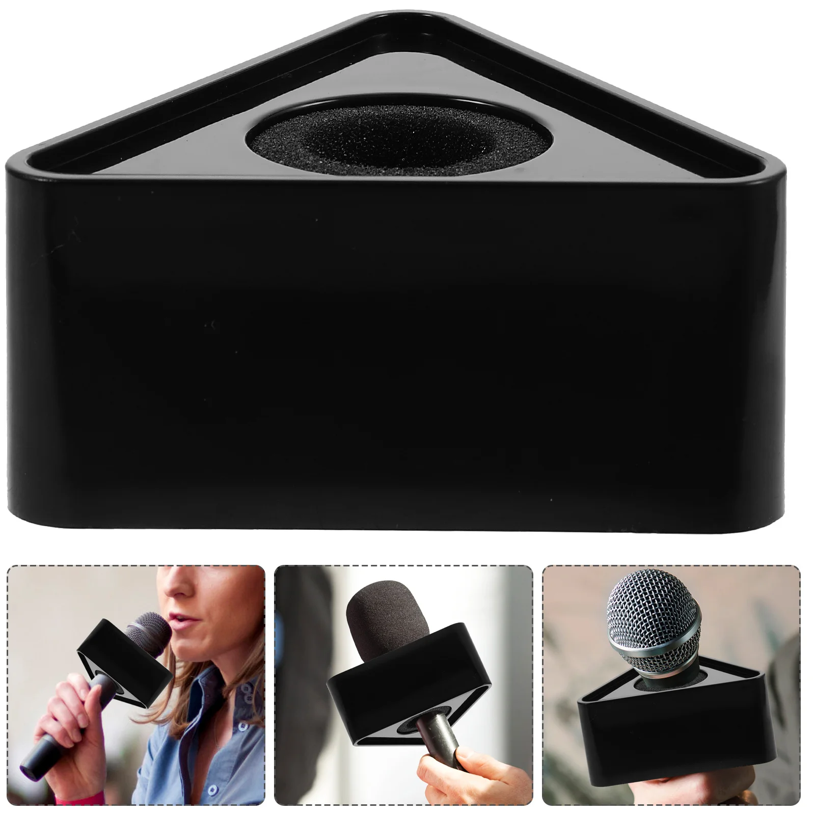 

2pcs Portable Abs Injection Molded Triangle Interview Mic Logo Flag Station Black For Professional Microphone Use Suitable Dj