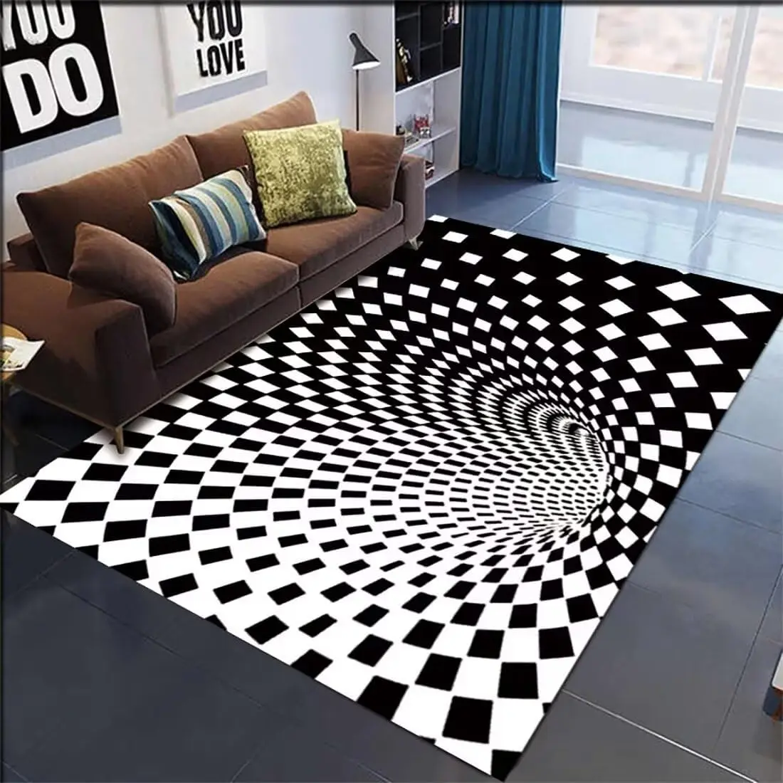 

3D Optical Illusion Carpet Black and White Checkered Board Spiral Printing Home Decoration Living Room Bedroom Modern Floor Mat