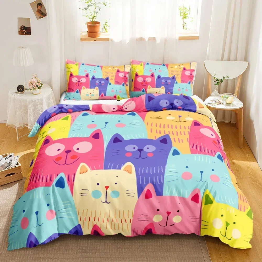 3PCS Single-sided Printed Bedding Set ,Comforter Cartoon Cute Cat Duvet Bedding Cover Pillows Comfortable Bedspreads Bedding Set