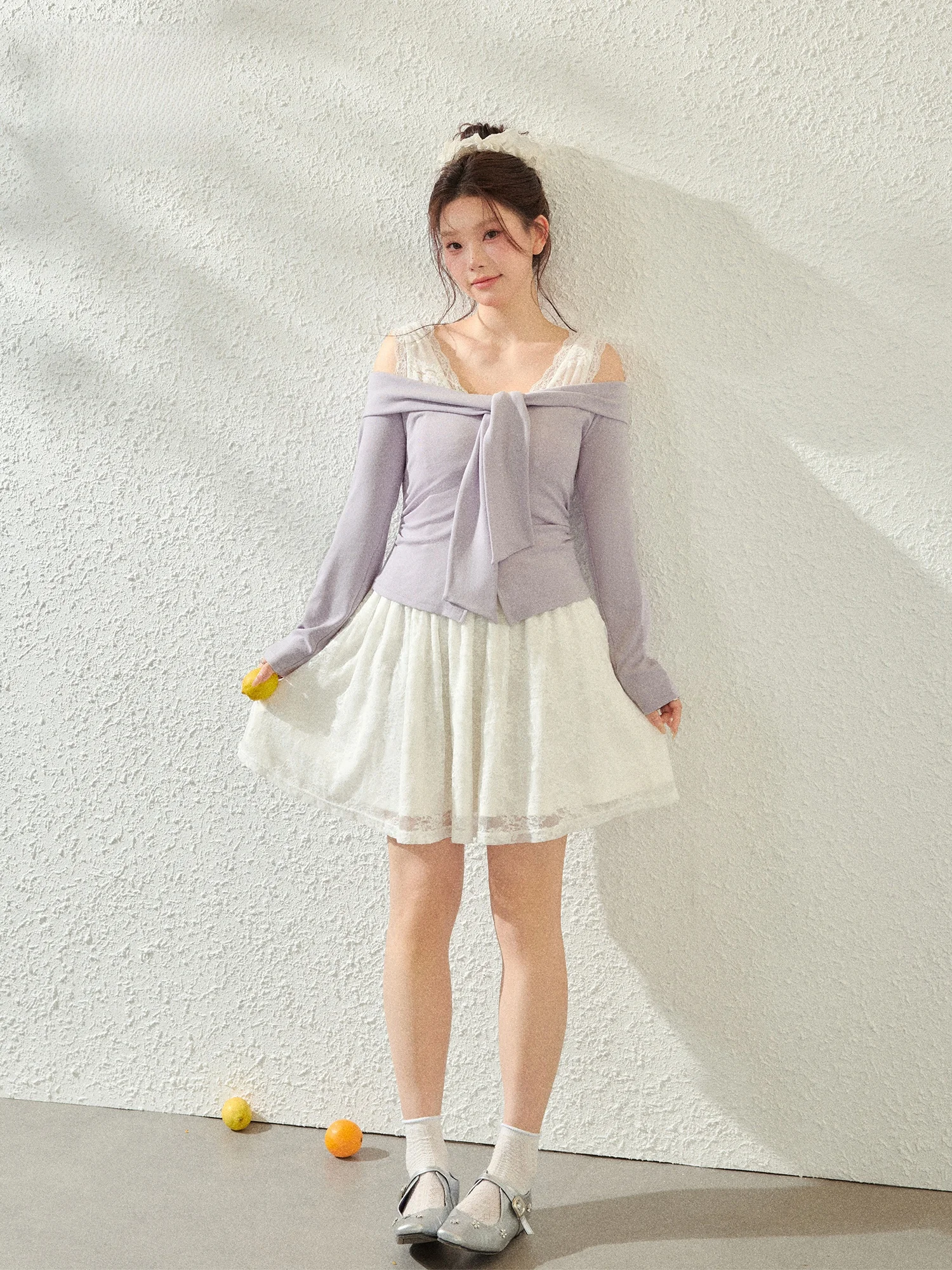 

plus Size Korean Style Lace Crop Top And Skirt Set for Plump Sister Shoulder Bared Purple Shirt Ensemble Commute Style High W...