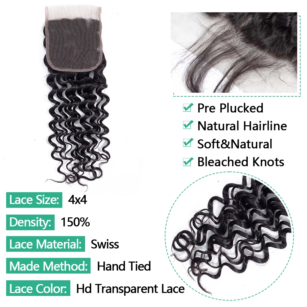 Deep Wave Bundles Human Hair With Closure Deep Curly Hair 3/4 Bundles With Closure 4x4 5x5 Transparent Lace Remy Hair Extensions