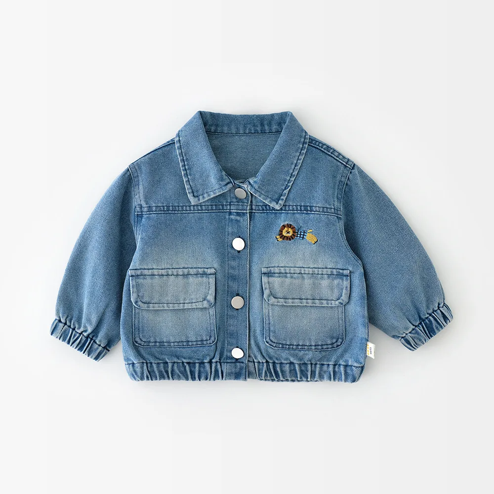 

Korean Style Children's Denim Jacket Cute Cartoon Lion Embroidery Lapel Baby Jacket Boys and Girls Pockets Long Sleeve Coat