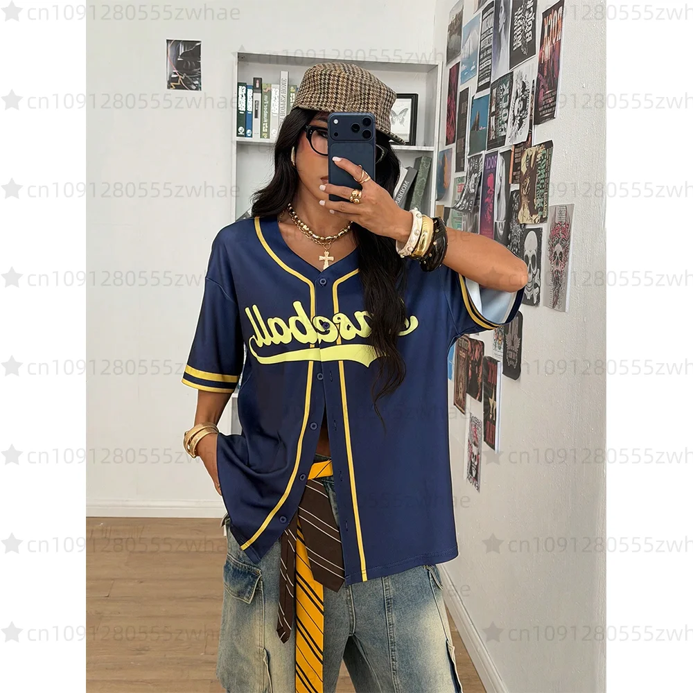 Summer New High Quality Retro 23 Printed Women's Baseball Shirt Sports Street Shirt Hip Hop Short Sleeve Button Women's Top
