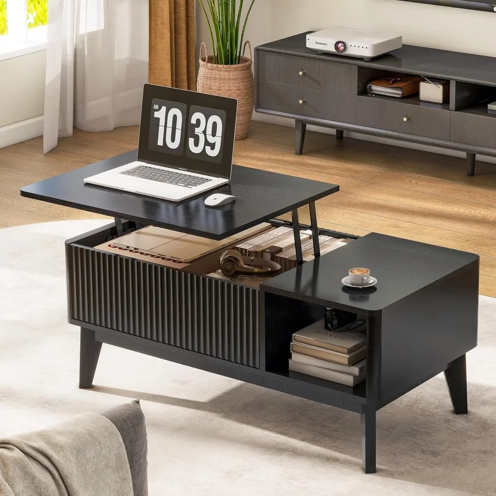 Fluted Coffee Table with Hidden Compartment, Wood Lift Top Coffee Tables, Modern Center Table for Living Room