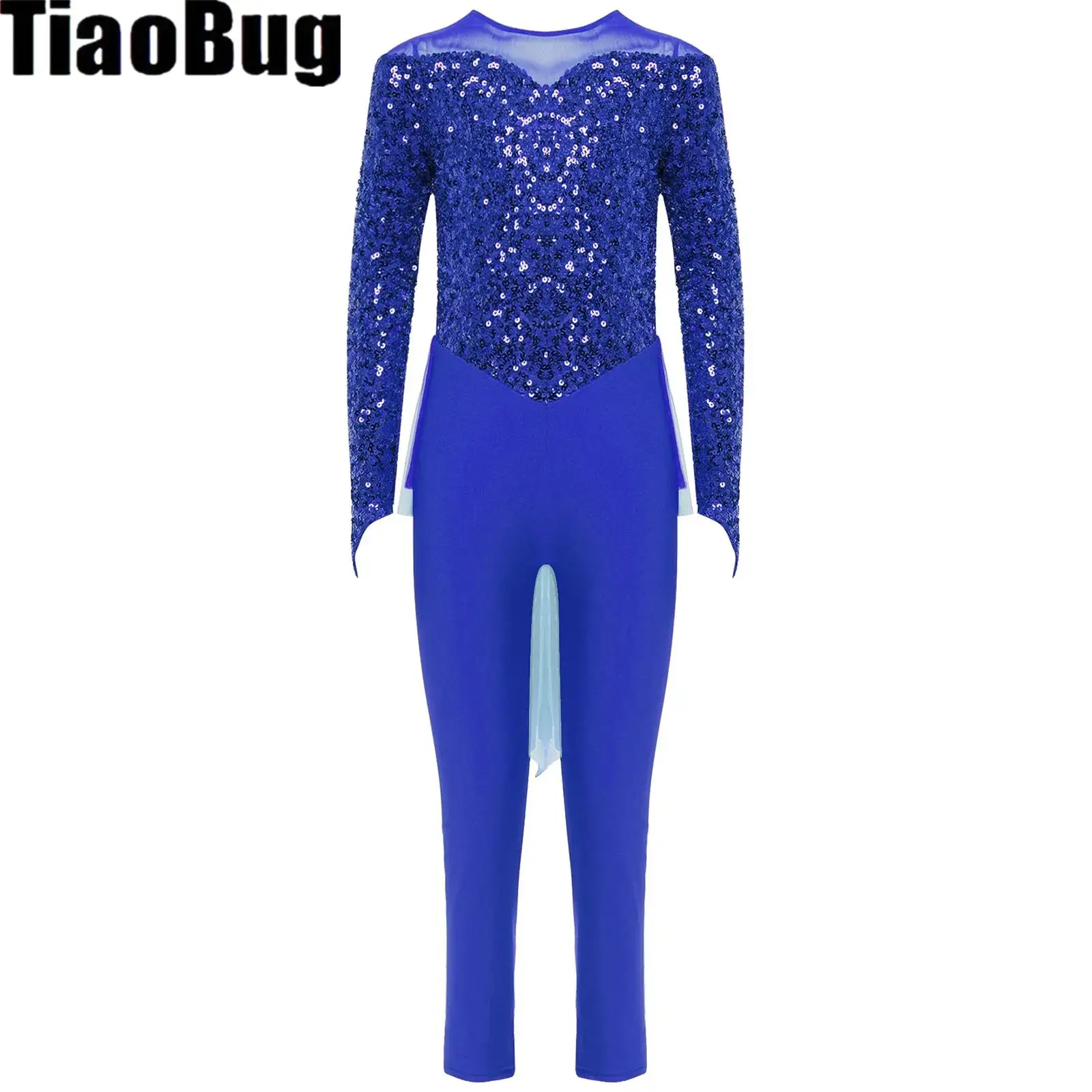 

Girls Shiny Sequin Gymnastics Dance Jumpsuit Long Sleeve Ankle Length Ballet Leotard Figure Skating Skirted Bodysuit Unitards
