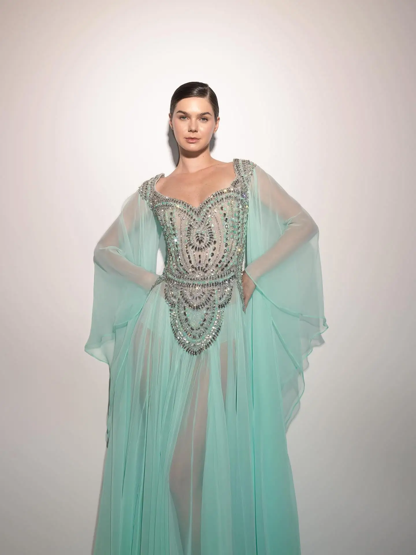 Vestido de noite de chiffon com miçangas azuis de fada, vestidos formais de festa, فسات intellimaveraDubai árabe, vestido maxi de baile com forro, sem transparente personalizado