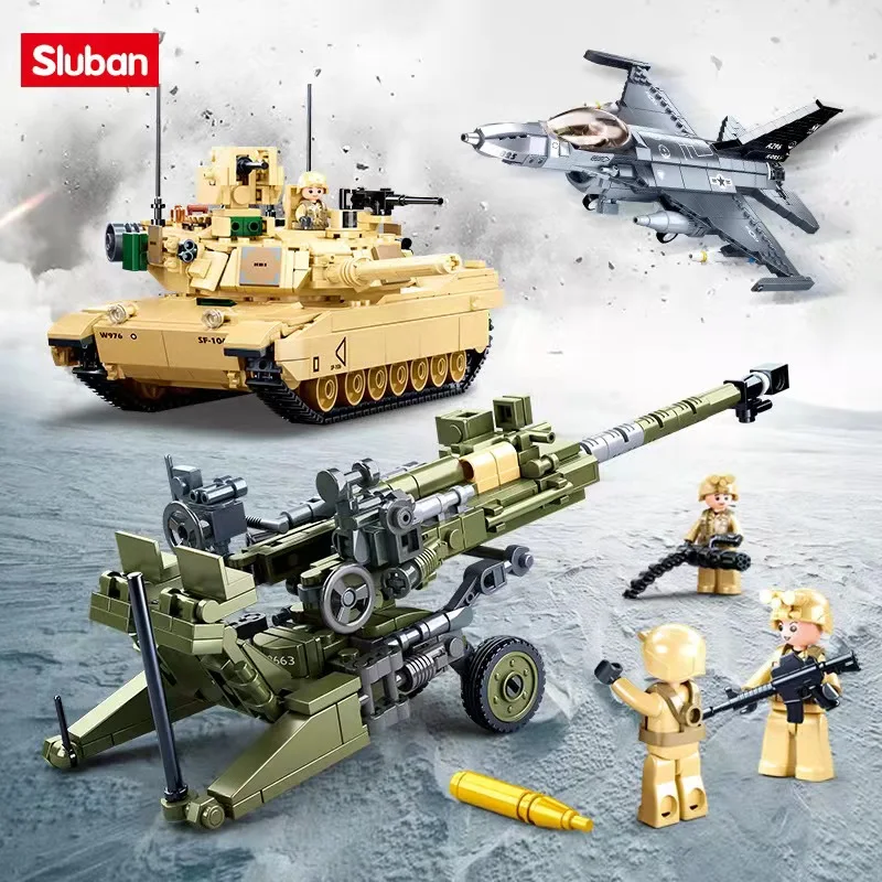 WW II Military USA Abrams M1A2 Battle Tank Building Blocks F-16C Falcon Fighter M777 Light howitzerArmy War Weapon Kids Gift Toy