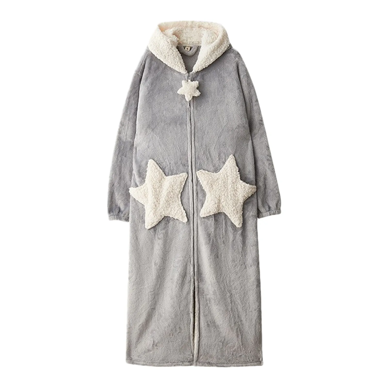 Womens Fleece Thicken Hooded Robe Daily Loungewear Nightgown NightdressSoft Comfortable Plush Bathrobe Fluffy Cute Long Coat