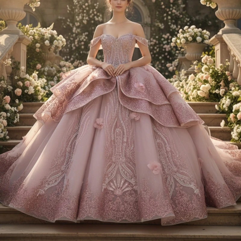 

Pink Shiny Quinceanera Dresses Off The Shoulder Applique Flower Beading Crystal Bow Tull Party Birthday Sweet 16 Dress Vestidos