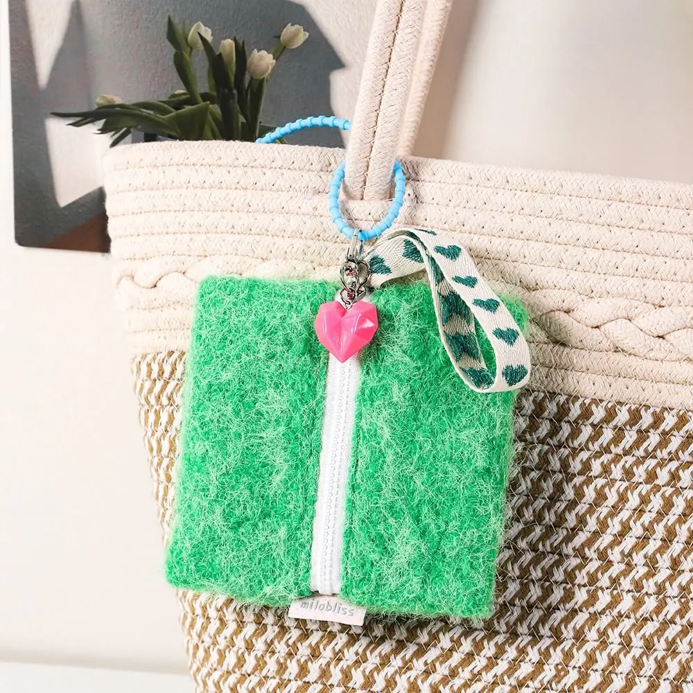 

Trendy Mini Plush Card Bags with Heart Pendant Korean Travel Coin Purse Ins Square Makeup Handbags Lipstick