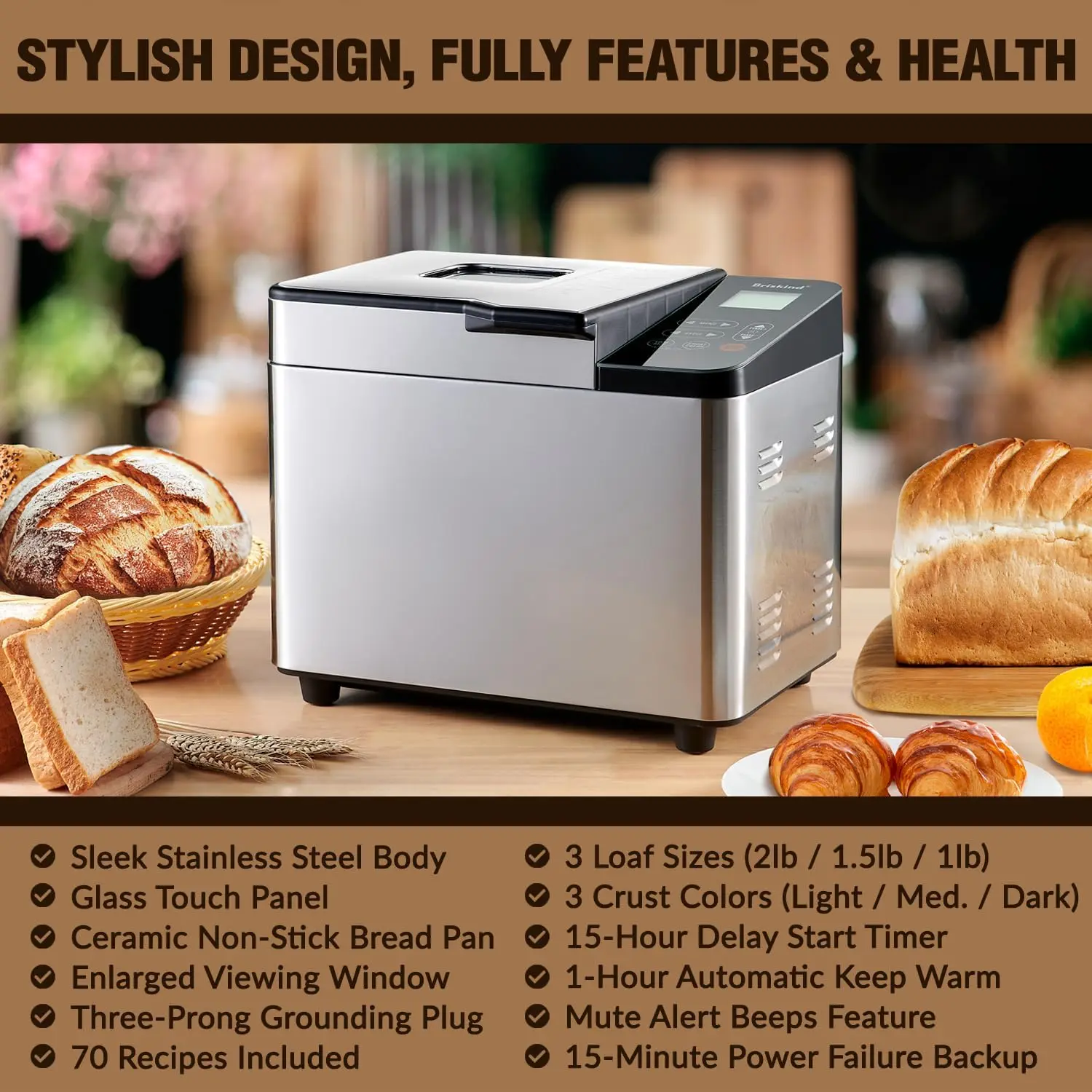 

Bread Maker Machine with Ceramic Nonstick Pan, 19 Menus, 2 Pound Stainless Steel Breadmaker with Glass Touch Panel, Gluten Free