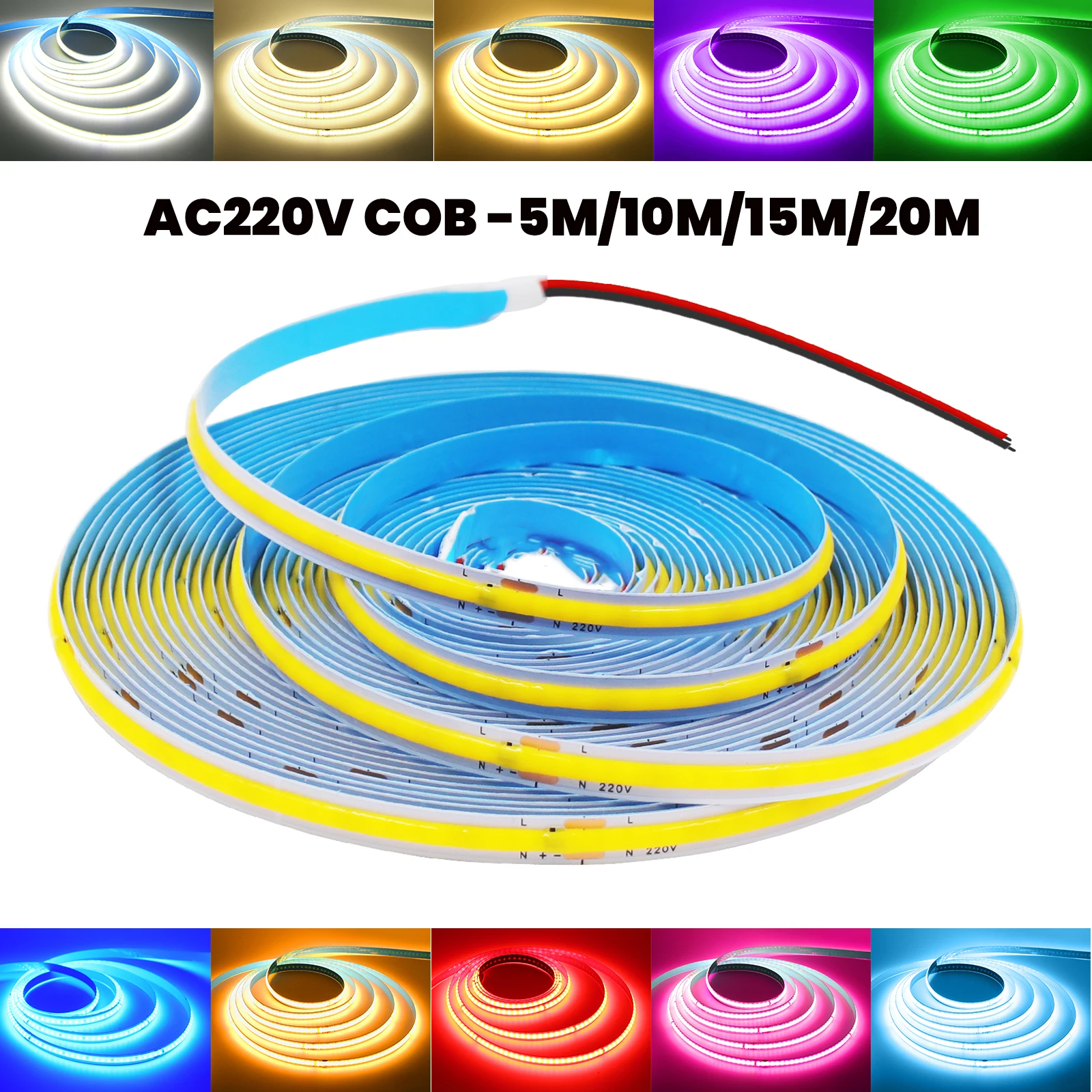 AC220V COB LED Strip Light 240LEDs/M High Density Flexible LED Ribbon 5M 10M 20M Red Green Ice Blue Pink White Purple Rope Light