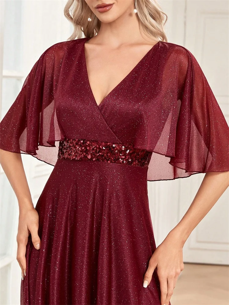 فساتين سهرة رسمية أنيقة لامعة طويلة 2025 فستان نسائي فاخر لحفلات الزفاف بأكمام قصيرة لحفلات الكوكتيل وحفلات التخرج