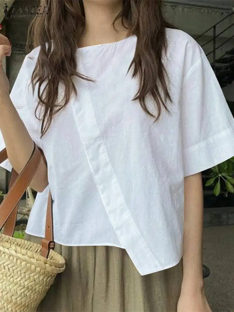 ZANZEA Women Oversize Bluse Summer Chic Irregular Short Sleeve Shirts Korean Fashion Round Neck Harajuku Tops Casual Loose Tunic