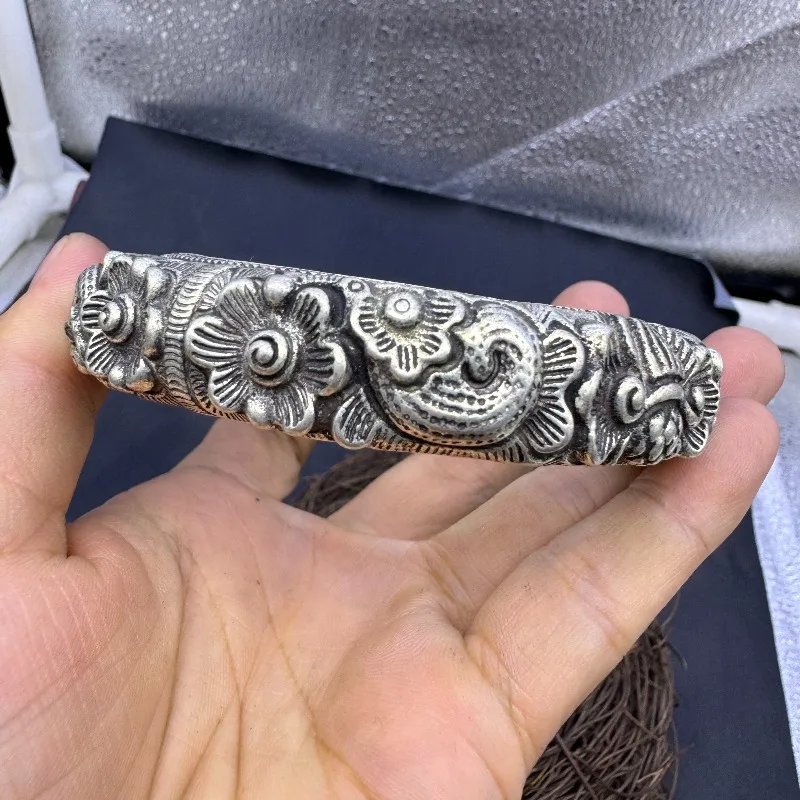 Imitation Old Miao Silver Bangle, High Relief Craft Ethnic Vintage Stylish Matching Wrist Jewelry Unisex