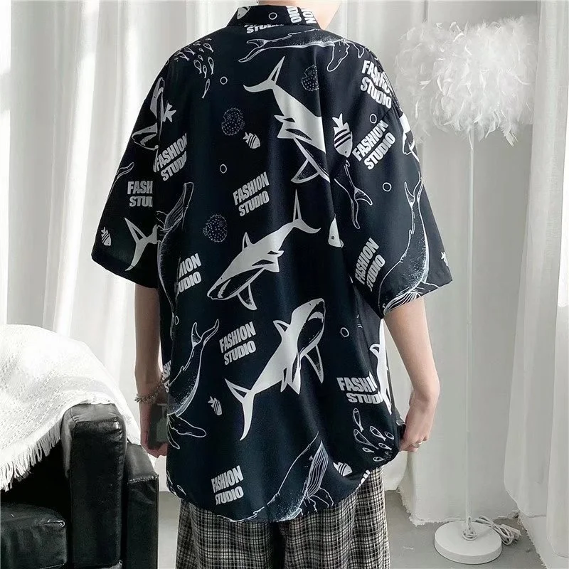 2024 Summer Men Whale Print Short Sleeve Shirt Fashion Cool Thin Loose Lapel Tops Hawaiian Holiday Beach Shirts Streetwear