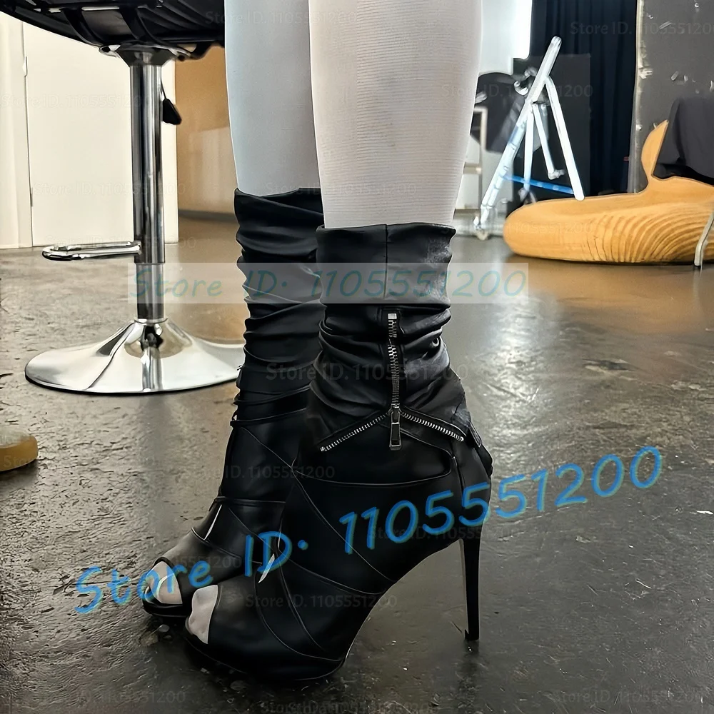 Black Cross Tied Peep Toe Ankle Boots Women Fashion Zipper Decor Foldover Breathable Booties Ladies Custom Cut Out Savage Shoes