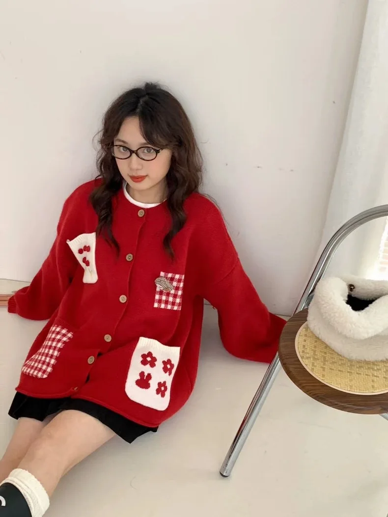 

Korobov Mori Girl Стиль Ретро Вышивка Осень/Зима Корейский Повседневный Свободные Карманы Вязаный Свитер