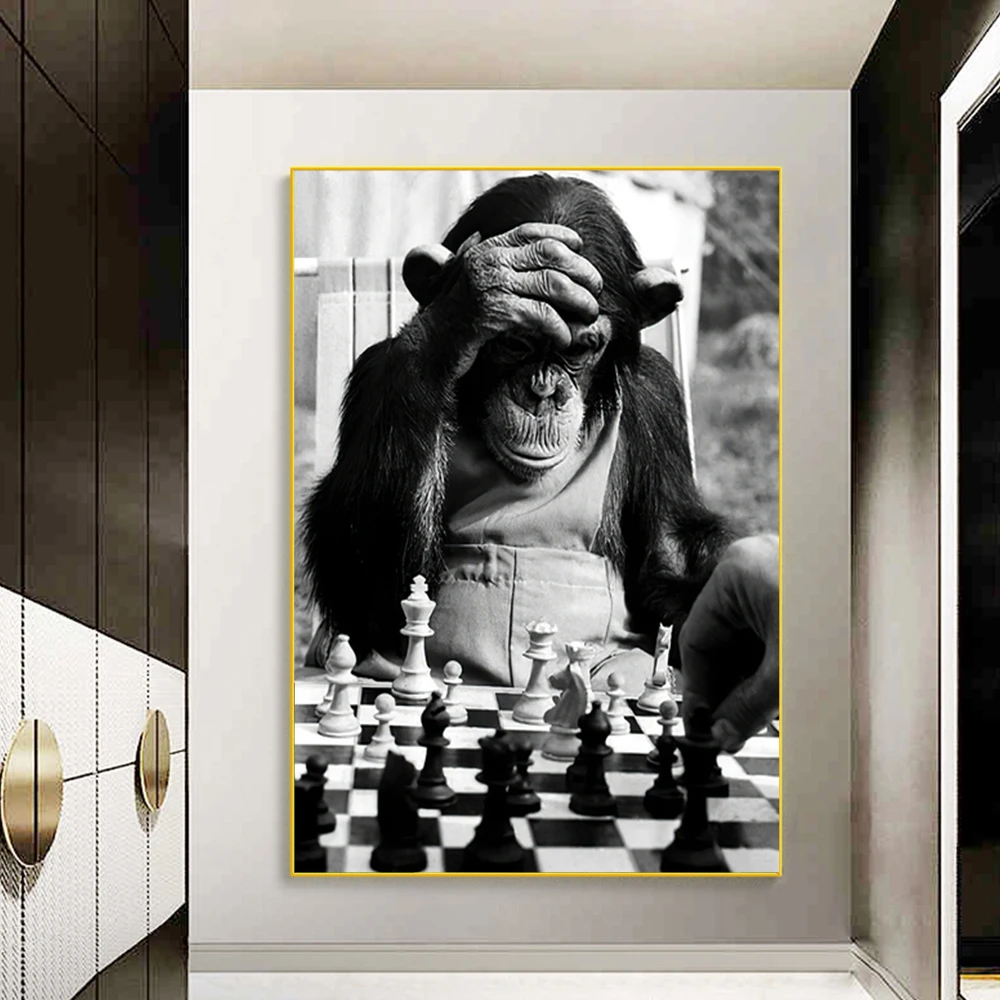 

Abstract Monkey Play Chess Canvas Painting Black and White Chimpanzees Posters Print Wall Art Animals Pictures Room Home Decor