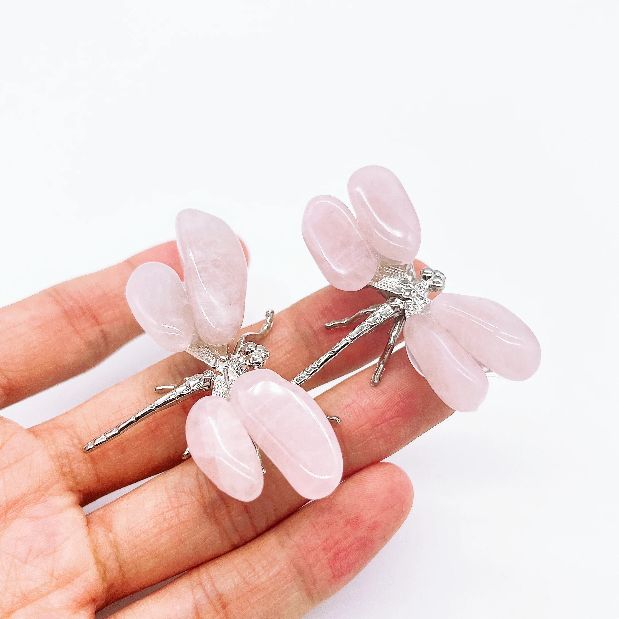 1PC Pink Dragonfly Spar Figurine Craft Handmade Natural Rose Quartz Stone Butterfly Reiki Healing Home office Decoration Gift